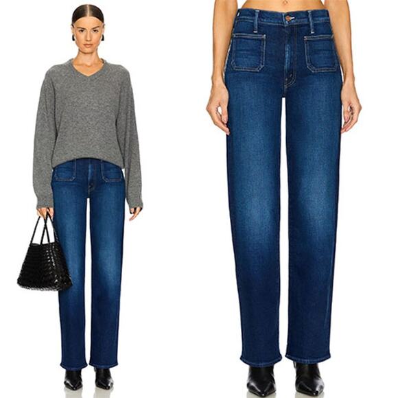 NEW Mother Patch Pocket Rambler Zip Straight High-Rise Denim Jeans Blue Size: 26 - Picture 1 of 8